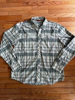 Simms Men's Bugstopper Plaid Button-Down Shirt Insect Shield Green Gray Large
